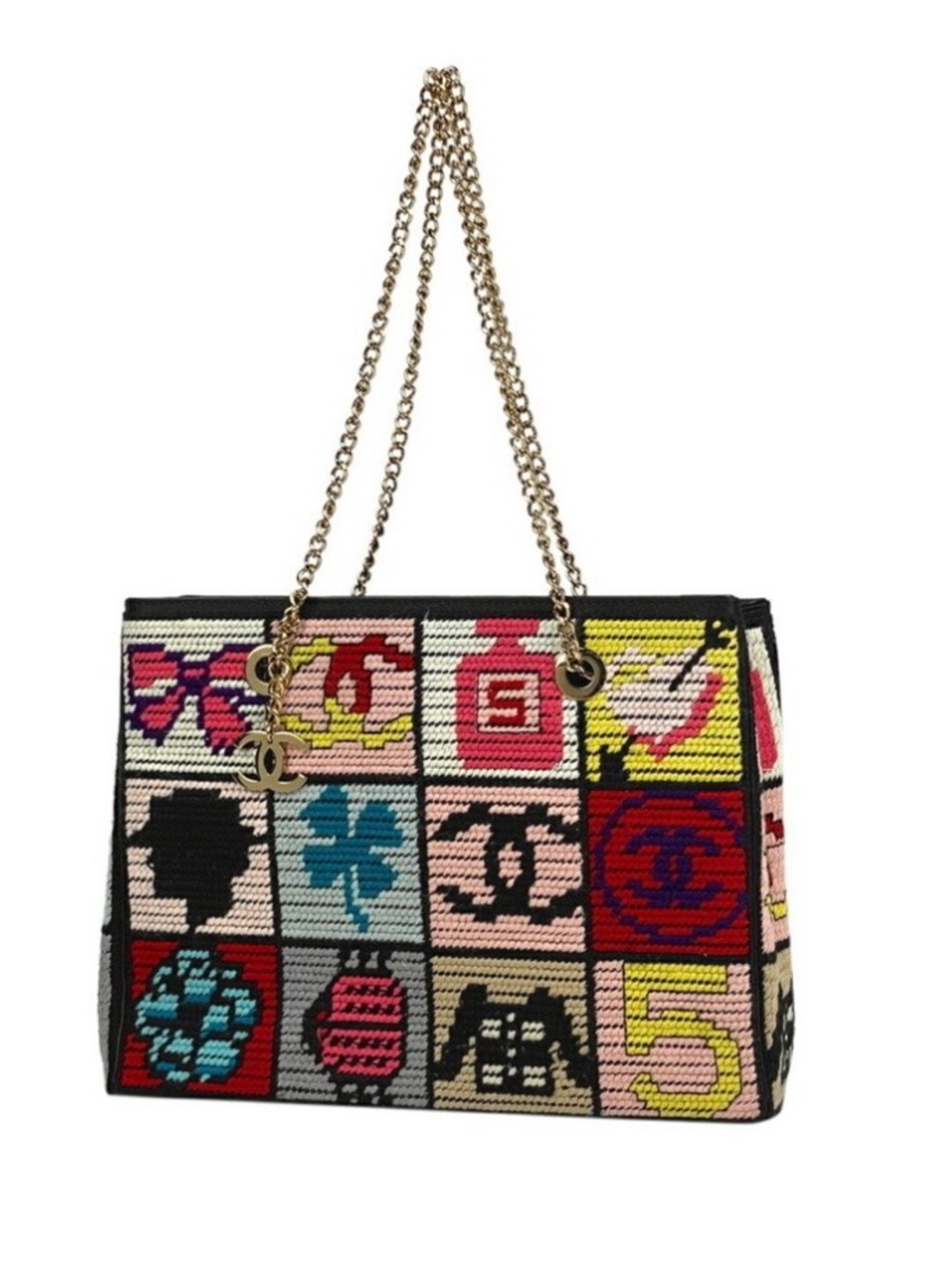 CHANEL Precious Symbols Needlepoint Shoulder Tote Bag Vintage